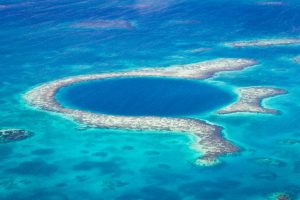 aerial view of the great blue hole of the coast of Belize