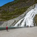 Nugget Falls waterfall at Mendenhall Glacier in Juneau, Alaska.